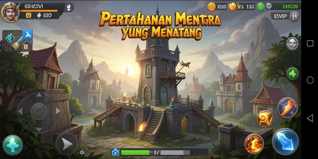 Screenshot gameplay 6SVIP menampilkan menara dan pertahanan yang strategis.