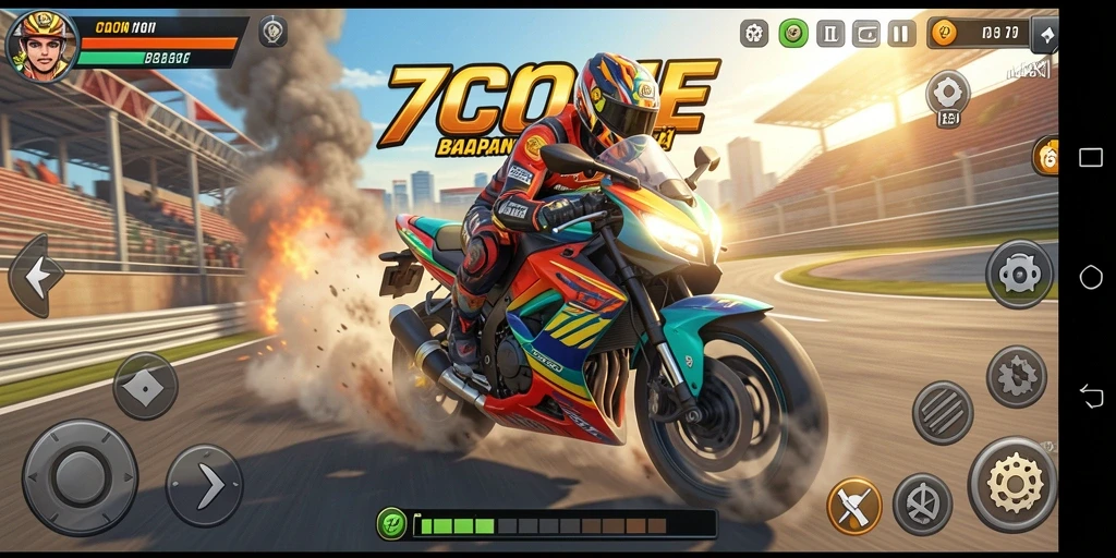 Tampilan yang dinamis dari gameplay balapan motor di 7CONE.