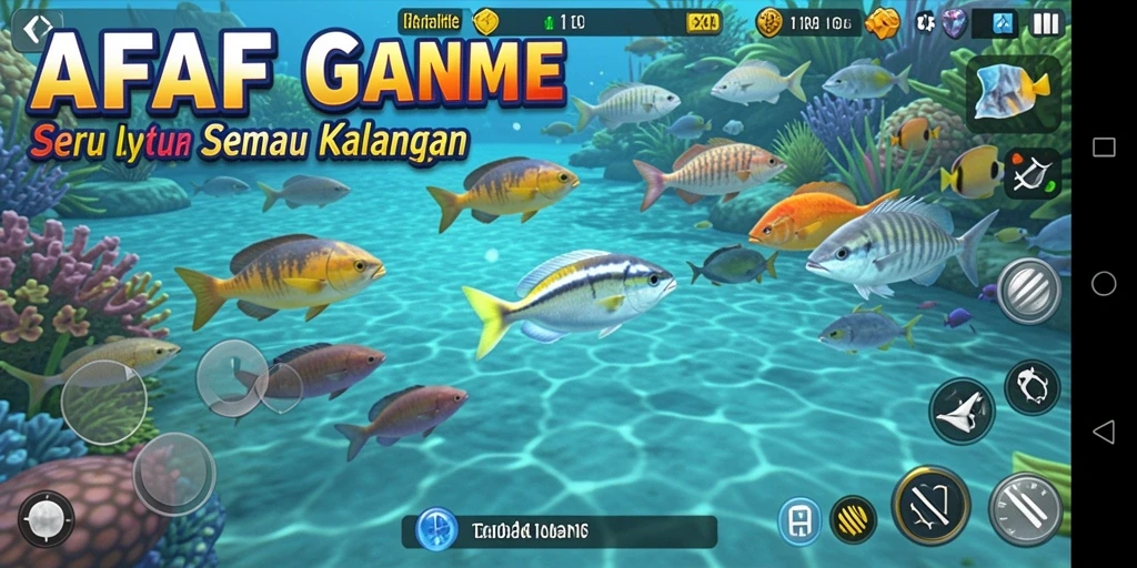 Tampilan gameplay AFAF dengan menangkap ikan beragam di bawah laut.