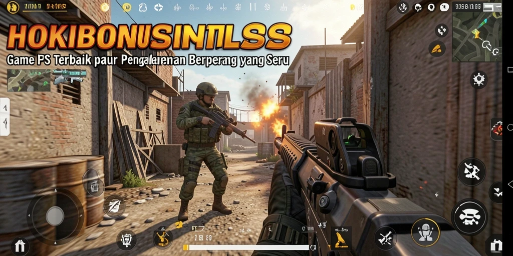 Tangkapan layar HOKIBONUS menampilkan aksi seru dalam pertempuran FPS.