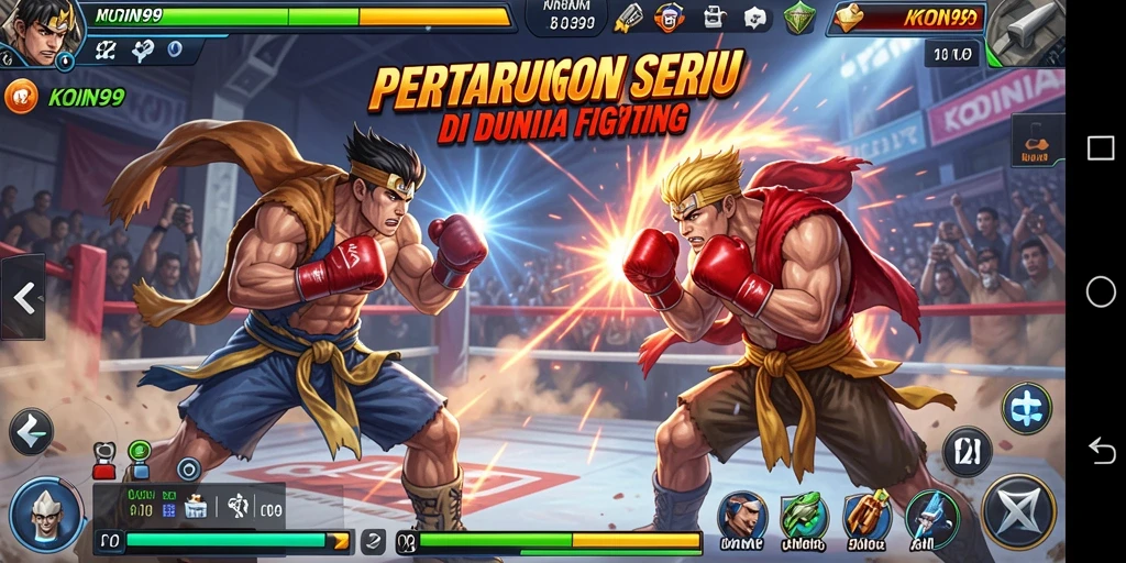 Tampilan gameplay KOIN99 dengan pertarungan yang mendebarkan dan karakter unik.